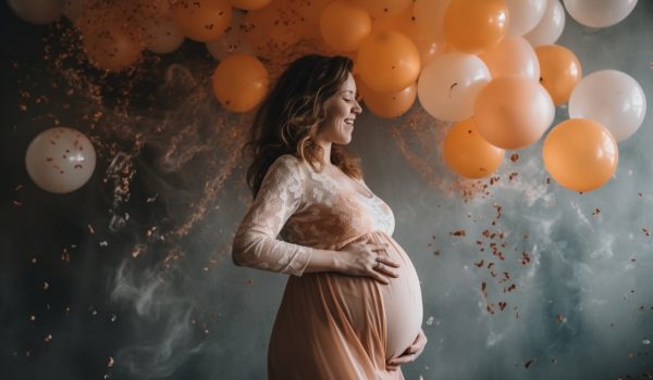 pregnant-woman-stands-front-orange-balloons-word-pregnancy-is-her-belly